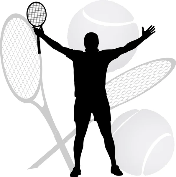 Tennis winner raised his hands and racket in the air — Stock Vector