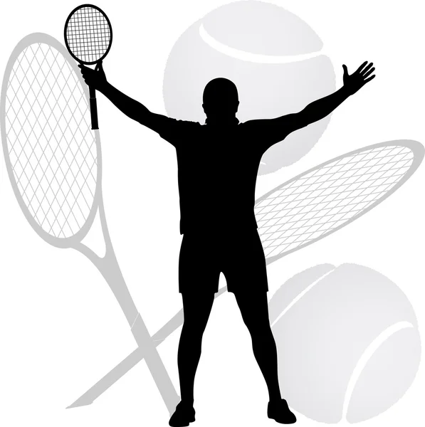 Tennis winnaar aan de orde gesteld zijn handen en racket in de lucht Vectorbeelden