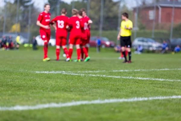 Soccer players and referee