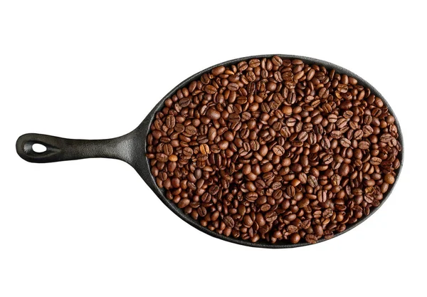 Braadpan Met Gebrande Koffiebonen Geïsoleerd Witte Achtergrond — Stockfoto