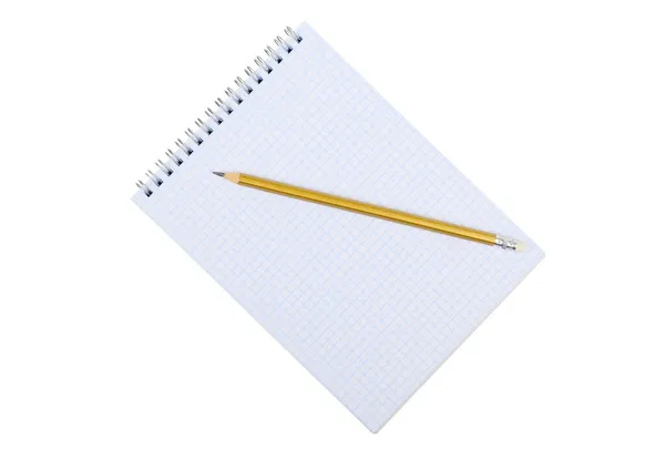 Caderno Lápis Isolados Fundo Branco Close Vista Superior — Fotografia de Stock