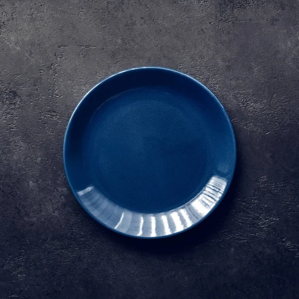 Empty Blue Plate Black Background Vintage Toning — Stock Photo, Image