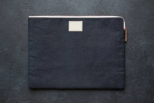 Black Denim Laptop Carrying Case Dark Background — стоковое фото