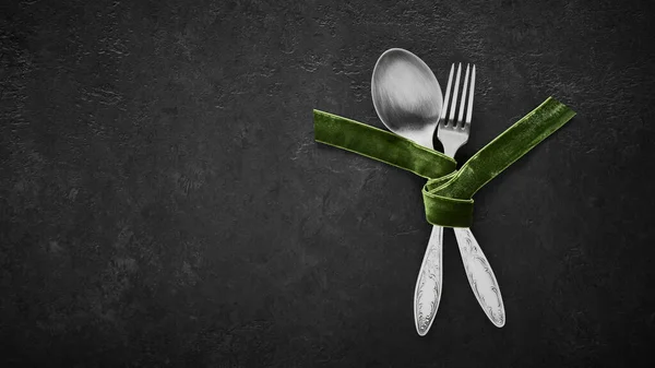 Spoon Fork Tied Green Velvet Ribbon Black Background — Stock Photo, Image