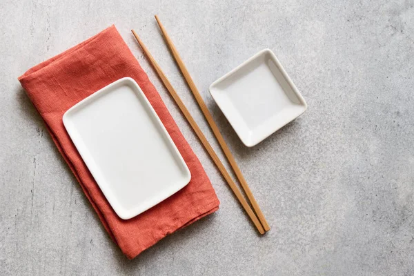 Empty White Square Plates Chopsticks Linen Napkin Top View Copy — Stock Photo, Image