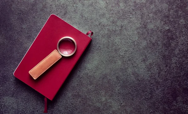 Book Red Cover Magnifying Glass Vintage Toned Background Copy Space — Stock Photo, Image