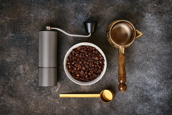 Artikelen Voor Het Bereiden Van Turkse Koffie Flat Lay Bovenaanzicht — Stockfoto