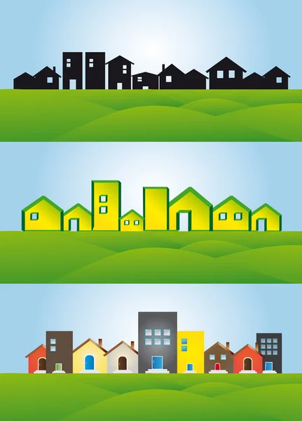 Ilustración de vector de paisaje rural, granja y campos, río y montañas