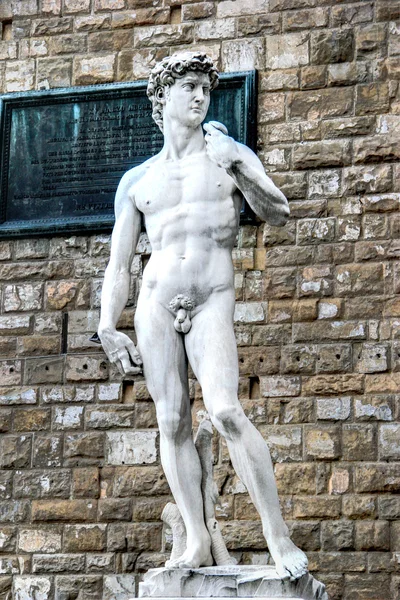 Socha Davida Michelangelo (hdr) na náměstí della signoria ve Florencii, Itálie — Stock fotografie