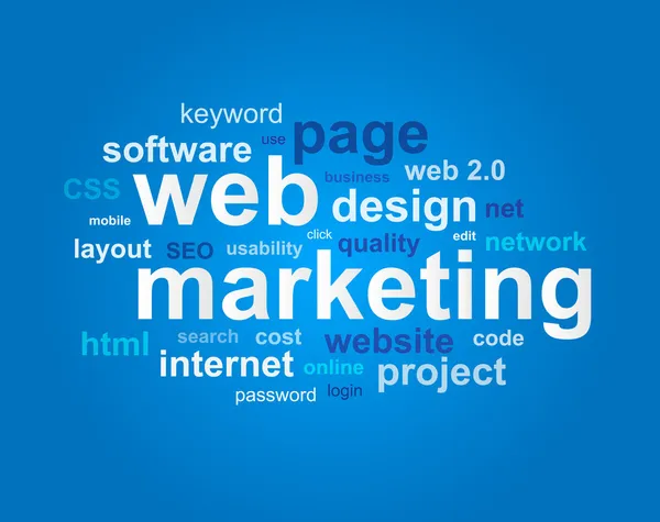 Marketing Web en nuage de mots sur fond bleu — Image vectorielle