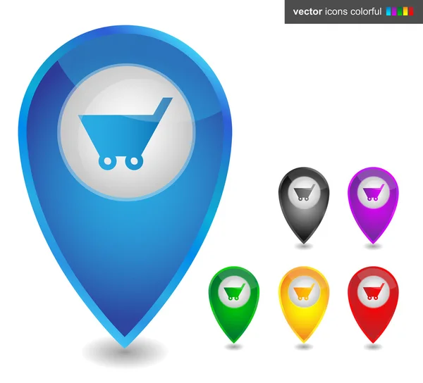 Puntero de mapa con carrito de compras, icono colorido — Vector de stock
