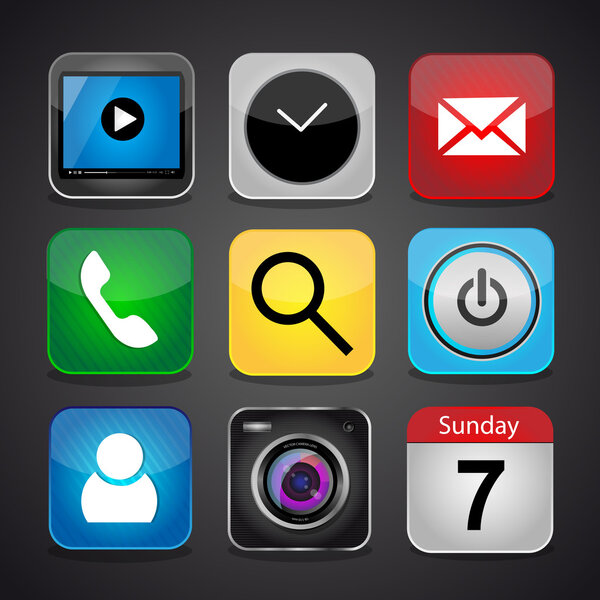Vector app icon set on a black background