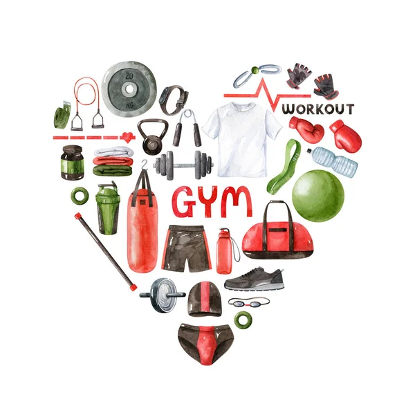 Fitness Εικονογράφηση Έννοια Της Ακουαρέλας Clipart Στοιχεία Σχήμα Καρδιάς Γράμματα — Φωτογραφία Αρχείου