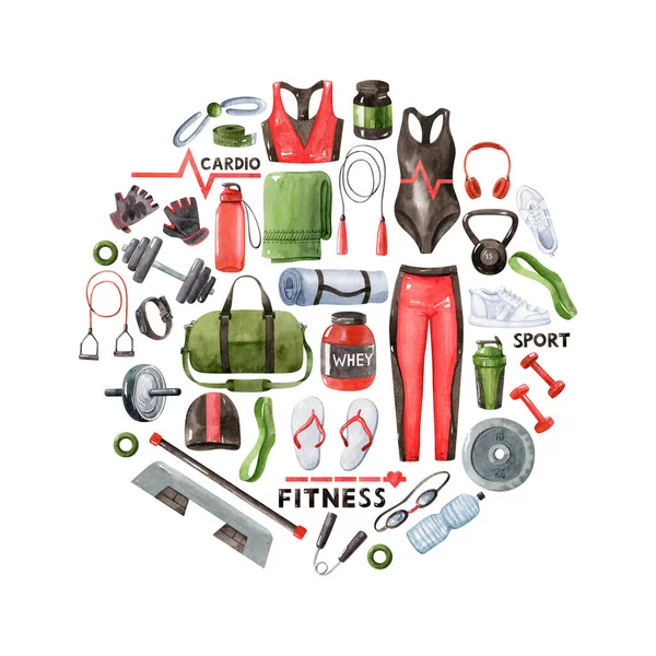 Equipo de fitness conjunto de imágenes prediseñadas de acuarela accesorios  de gimnasio ropa de entrenamiento femenino nutrición