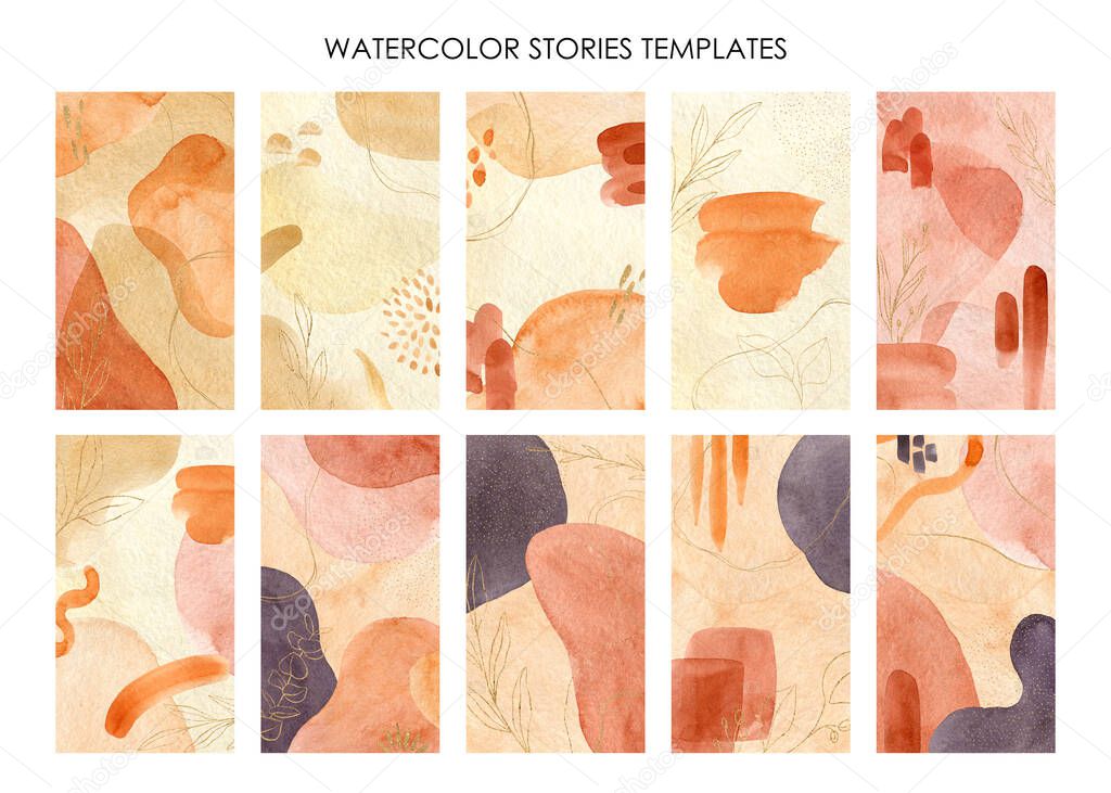 Abstract social media templates set. Watercolor stories backgrounds in trendy earthy color pallet. Modern boho style. Organic shapes, strokes and golden elements.
