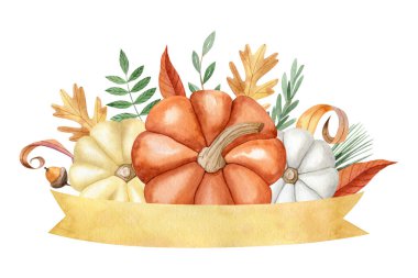 Balkabaklı suluboya resimler, sonbahar yaprakları, dekoratif sarı kurdele. Kopya alanı ile el çizimi klip. Davetiyeler, tebrik kartları, deri yüzücüler için mükemmel. Şükran Günü illüstrasyonu.