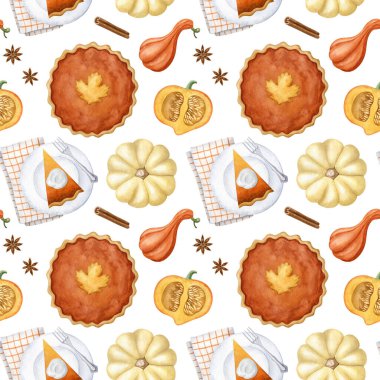 Kabak turtası, kabak, tabak, çatal ve peçeteli suluboya desenli. Şükran Günü tatlı konsepti. Paket kağıdı, kumaş ve duvar kağıtları için el çizimi illüstrasyon.