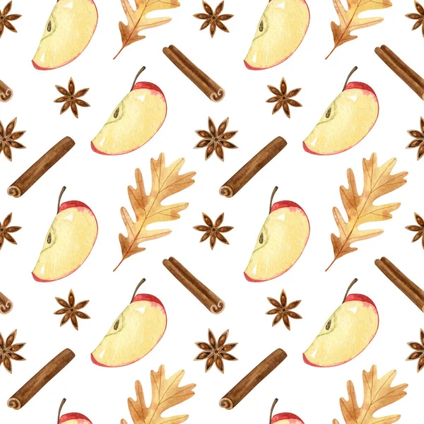 Watercolor seamless pattern with apple slice, oak leaf, star anise, and cinnamon. Autumn hand drawn illustration, perfect for wrapping paper, fabric, wallpapers. Thanksgiving day concept.