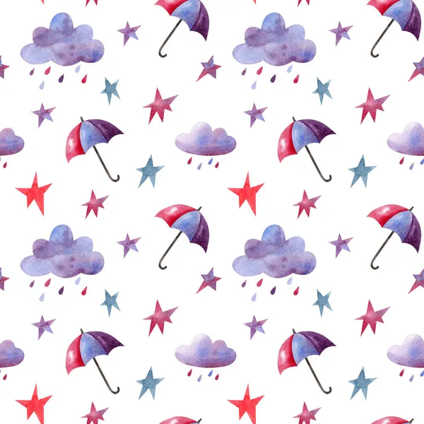 Bezproblémový Vzor Deštníky Deštivými Mraky Hvězdami Bílém Pozadí Akvarel Ručně — Stock fotografie