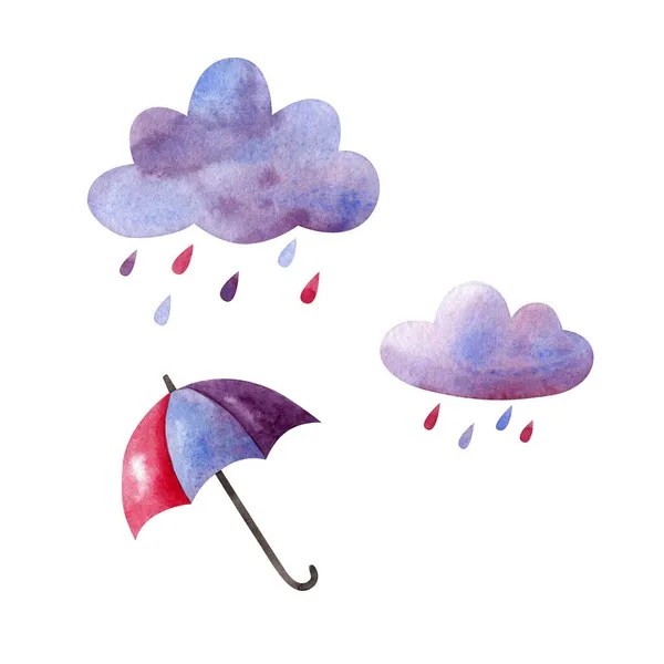 Regenwolken Und Farbiger Regenschirm Handgezeichnetes Set Wetterkonzept Cartoon Baby Stil — Stockfoto
