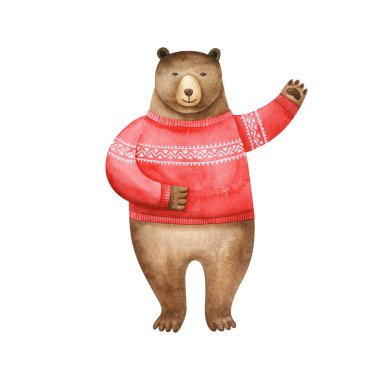 Kırmızı Noel kazaklı suluboya boz ayı patisini dokuyor. Beyaz arka planda izole edilmiş tatil zirvesi. Çizgi film tarzında elle çizilmiş illüstrasyon.