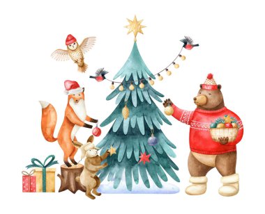 Orman hayvanları Noel ağacını süslüyor. Stilize edilmiş tavşan, tilki, kahverengi ayı, kuş ve baykuşların Noel aksesuarlarıyla suluboya el çizimi. Tebrik kartları ve davetiyeler için sahne
