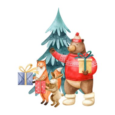 Şekillendirilmiş orman hayvanlarıyla suluboya el çizimi: kahverengi ayı, tavşan ve tilki. Noel hediye kutularıyla sevimli orman hayvanları. Noel tebrik kartları ve davetiyeler için tatil sahnesi.