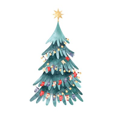Noel ağacı süslenmiş bayraklar ve ampullerden oluşan çelenk. Karikatürlerdeki suluboya klipleri tebrik kartları, davetiyeler, yemekler için stilize edilmiş. Tatil el çizimi çizimi.
