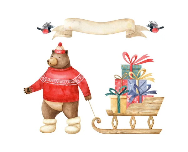 Brązowy Niedźwiedź Ciągnie Drewniane Sanie Pełne Prezentów Akwarela Ręcznie Rysowane — Zdjęcie stockowe
