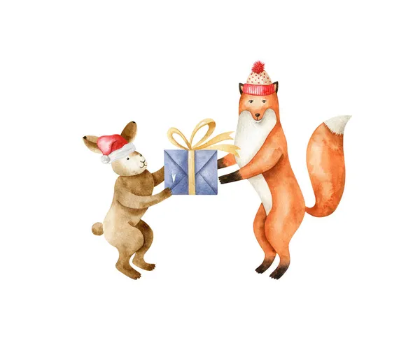Χαριτωμένος Λαγός Δίνει Στην Αλεπού Ένα Χριστουγεννιάτικο Δώρο Νεράιδα Ακουαρέλα — Φωτογραφία Αρχείου