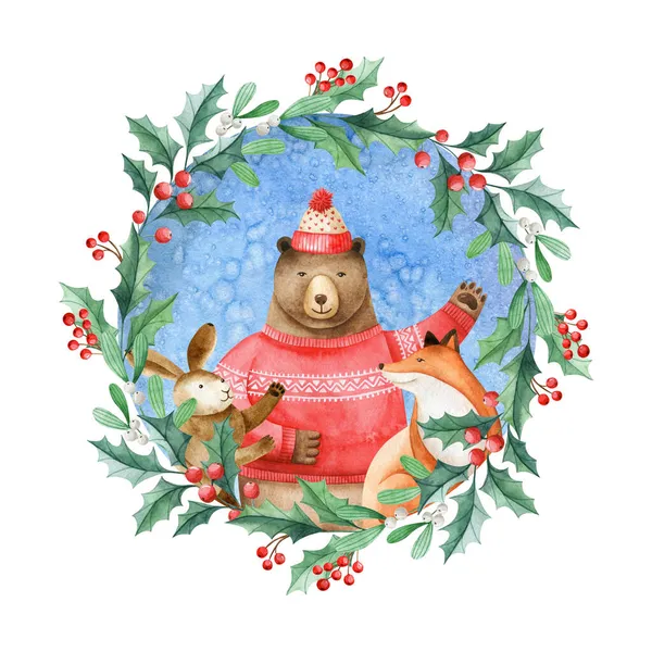 内部のホリーリースや森林動物とクリスマス水彩ラウンド組成 妖精の茶色のクマ ウサギとキツネと手描きのクリップアート グリーティングカード 招待状 皿のイラスト — ストック写真