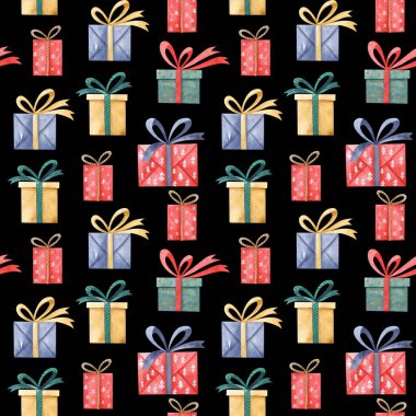 Siyah arka planda izole edilmiş suluboya desenli Noel hediyesi kutuları. Paket kağıdı, dijital kağıt, kumaş için el çizimi dokusu.