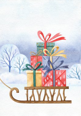 Renkli hediye kutularıyla dolu ahşap kızaklı önceden yapılmış Noel dikdörtgen tebrik kartı. Çocuksu karikatür tarzında el çizimi. Dikey yönelim.