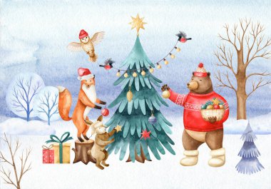 Orman hayvanları Noel ağacını süslerler. Noel dikdörtgen hazır tebrik kartı. Suluboya el çizimi çocuksu çizgi film tarzında. Yatay yönelim.