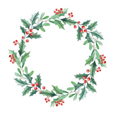 Beyaz arka planda kutsal ve ökseotu olan suluboya Noel çelengi. Tebrik kartları ve davetiyeler için el çizimi yuvarlak çerçeve. Tatil zirvesi.