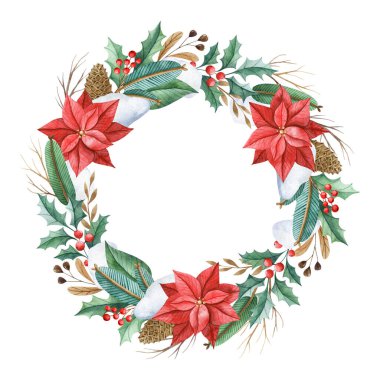 Puantiyeli suluboya Noel çelengi, köknar ağacı dalları, kozalaklar ve kutsal, beyaz arka planda izole edilmiş. Tebrik kartları ve davetiyeler için el çizimi yuvarlak çerçeve. Tatil zirvesi.
