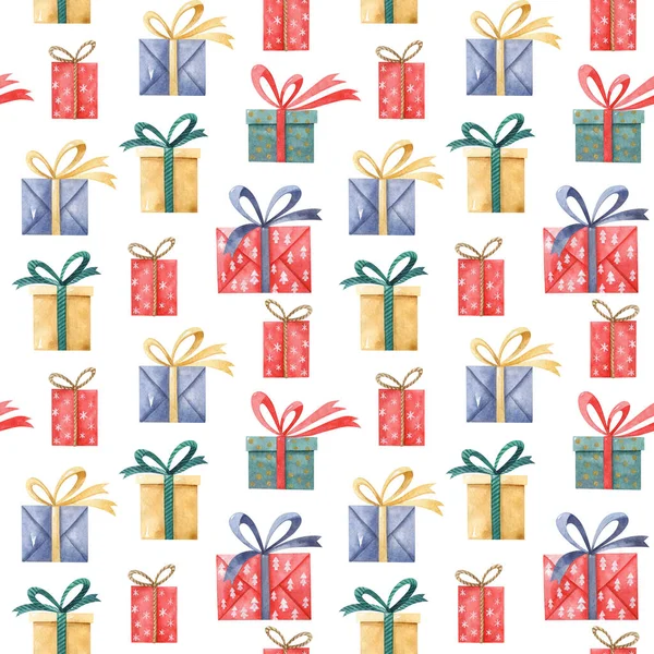 Aquarel Naadloos Patroon Met Kerst Geschenkdozen Geïsoleerd Witte Achtergrond Handgetekende — Stockfoto