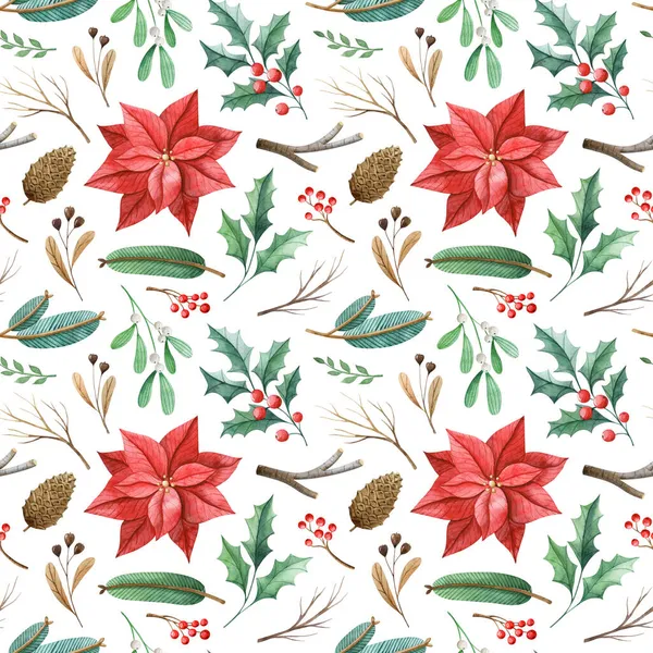 Akvarel Bezešvný Vzor Vánoční Květinové Prvky Špičaté Jedle Větve Cesmína — Stock fotografie