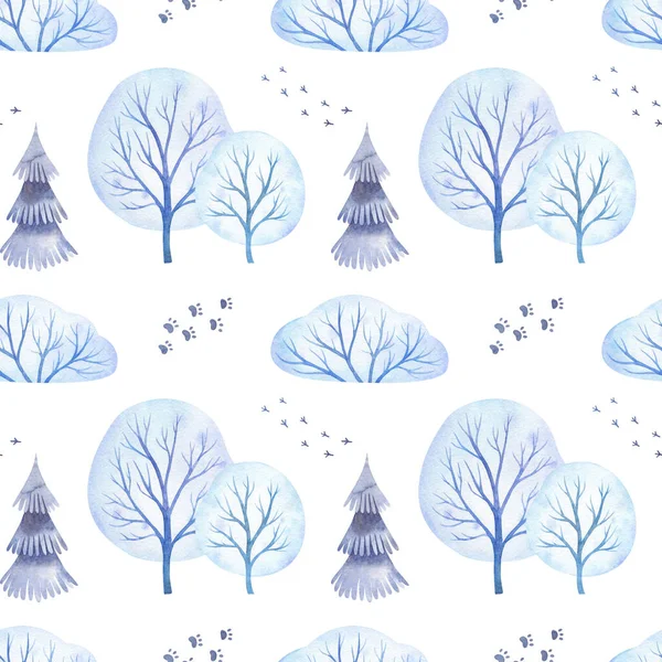 Aquarell Nahtloses Muster Mit Winterfrostigen Bäumen Und Sträuchern Stilisierten Cartoon — Stockfoto