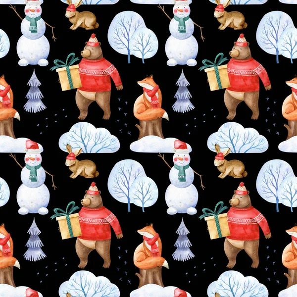 Vánoční Bezproblémový Vzor Kreslenými Lesními Zvířaty Zimními Mrazivými Stromy Sněhulákem — Stock fotografie