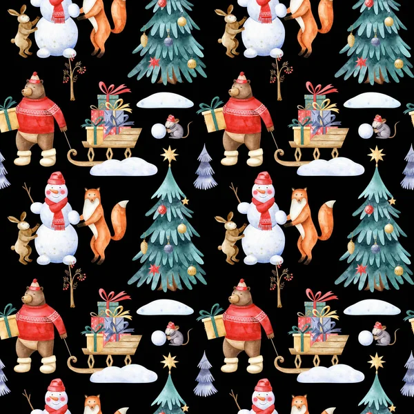 Padrão Sem Costura Natal Com Animais Floresta Dos Desenhos Animados — Fotografia de Stock