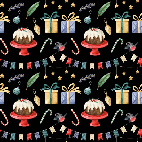 お祝いの装飾 休日のケーキ ギフトボックスとクリスマスシームレスなパターン ブラックを基調とした水彩画の手描きイラスト 包装紙 デジタルペーパー 生地に適しています — ストック写真