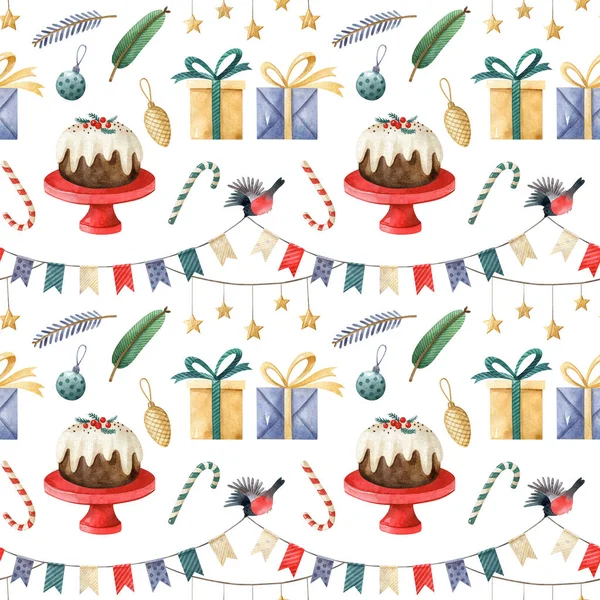 お祝いの装飾 休日のケーキ ギフトボックスとクリスマスシームレスなパターン 白を基調とした水彩画の手描きイラスト 包装紙 デジタルペーパー 生地に適しています — ストック写真