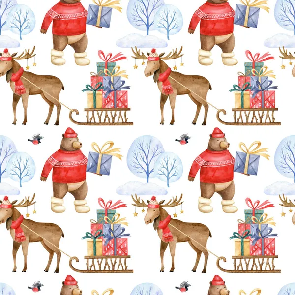 Vánoční Bezproblémový Vzor Roztomilými Kreslenými Losy Medvědem Hnědým Mrazivými Stromy — Stock fotografie