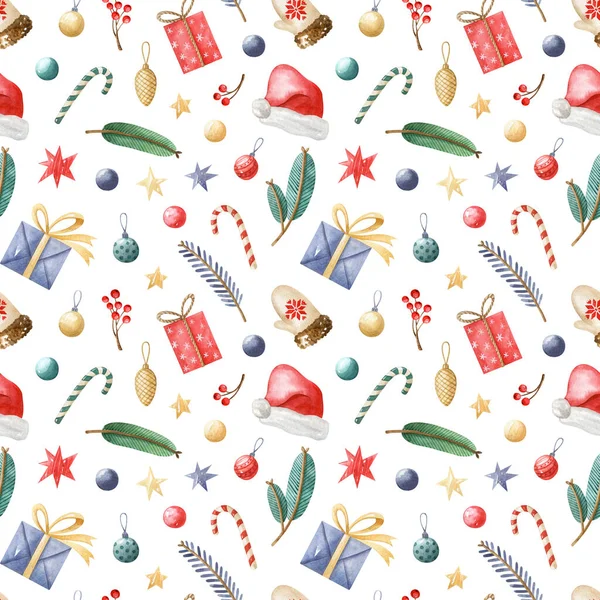 Christmas Seamless Pattern Chaotically Distributed Holiday Decorations Attributes Watercolor Hand — Stock Photo, Image