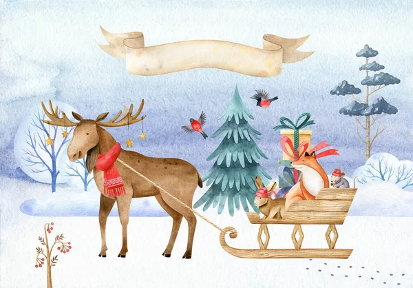 妖精の森の動物とクリスマスの事前に長方形のグリーティングカードを作った エルク キツネ ウサギとマウス 子供っぽい漫画風の水彩画の手描きイラスト 水平方向 — ストック写真