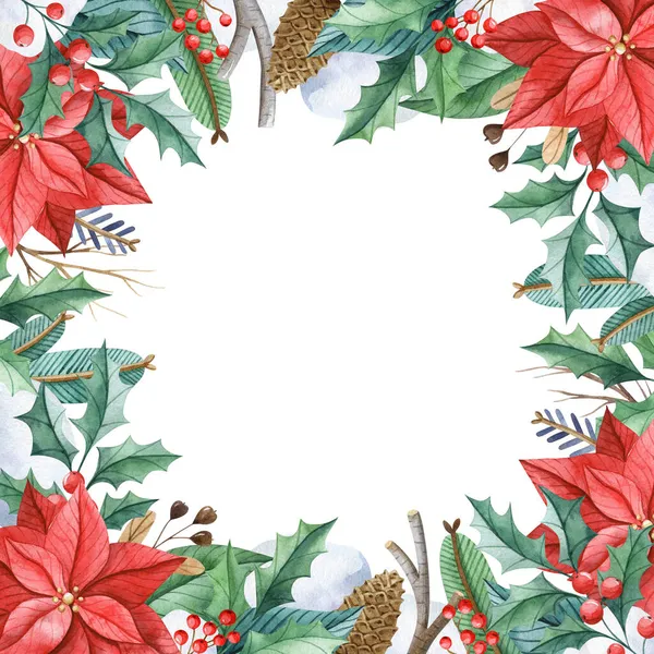 Akvarel Čtverec Vnitřní Květinové Vánoční Rám Poinsetia Cesmína Jedle Větve — Stock fotografie