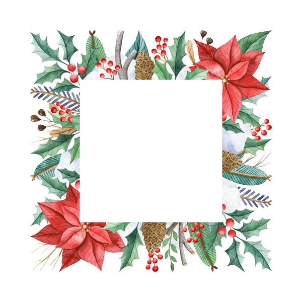 白い背景に隔離されたポインセチア ホリー モミの木の枝を持つ水彩正方形の外側の花のクリスマスフレーム グリーティングカードや招待状のための手描きの国境 休日の休日 — ストック写真