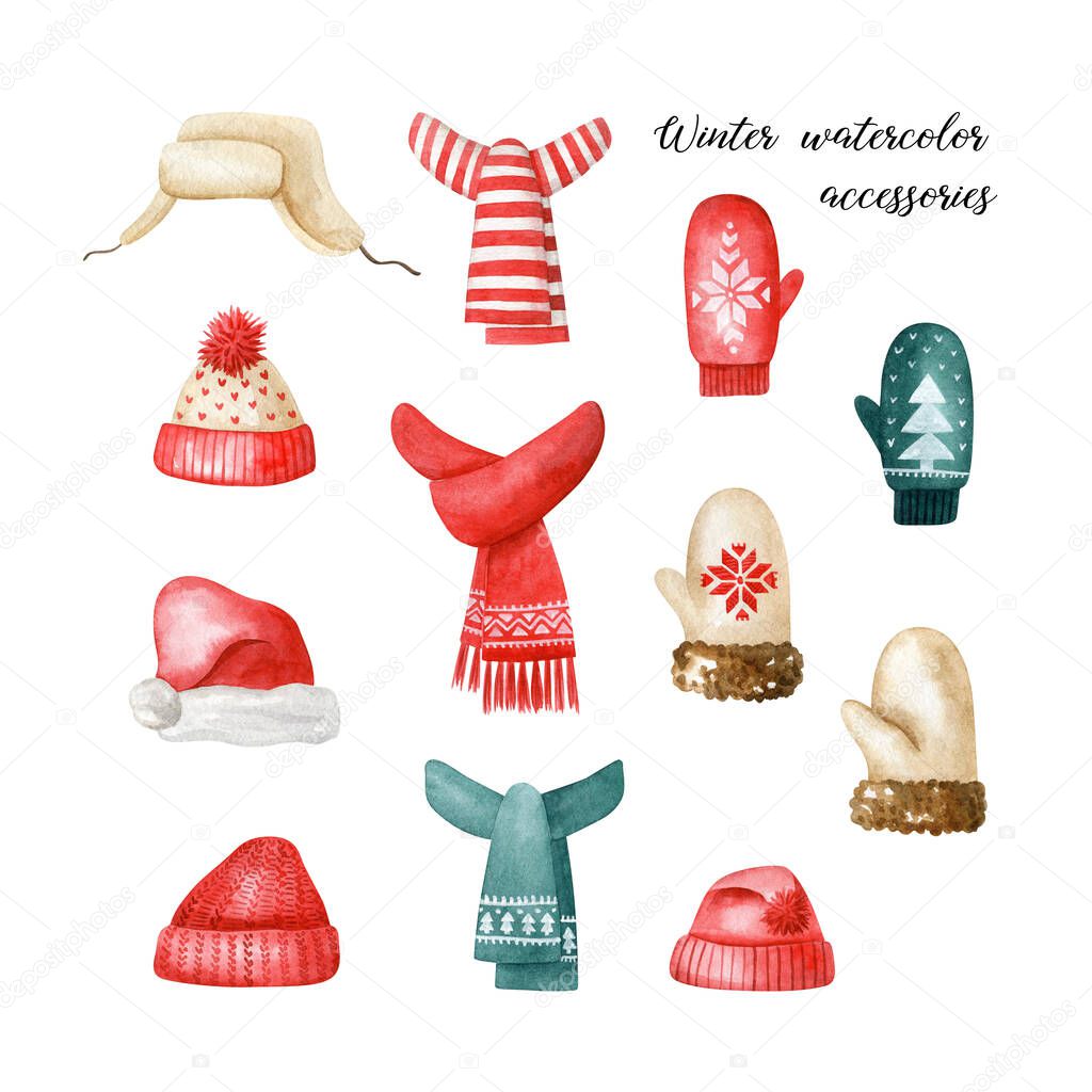 Winter accessories watercolor set. Hand drawn clipart with hats, mittens and scarves isolated on white background.