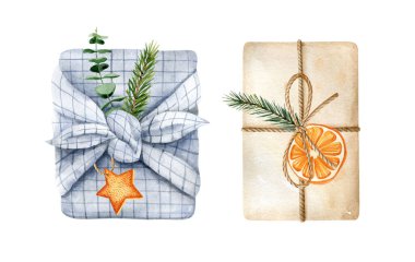 Watercolor set with zero waste Christmas gifts. Furoshiki gift pack and craft paper pack. Eco-friendly lifestyle hand drawn illustration. Clipart for blogs, advertisement, invitations, greeting cards. clipart